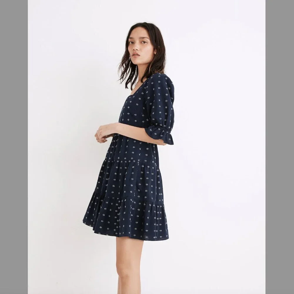 Women's 6 Madewell Square-Neck Puff-Sleeve Babydoll Dress Navy Mini - Picture 2 of 10